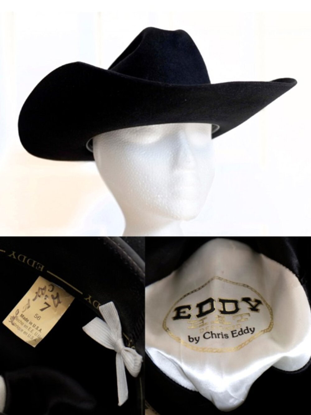 Vintage Eddy by Chris Eddy black wool felt cowboy Western cattleman crease hat